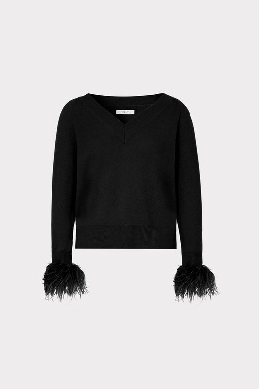 Feather Cuff V-Neck Sweater Black - Milly