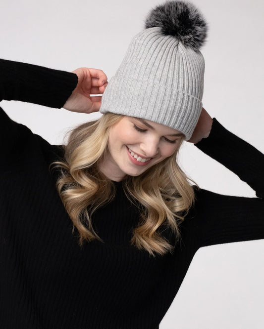 Cashmere Luxe Ribbed Fox Pompom Hat Ash - Jackie Z Style Co.