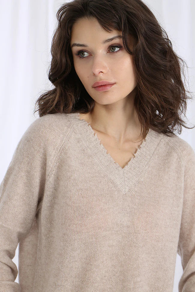 Minnie Rose Cash Frayed Edge Cropped V Neck Sweater Wheat