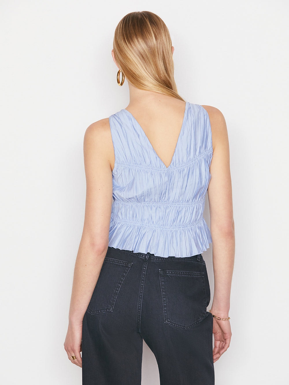 Frame Cinched Crinkle Tank in Chambray Blue
