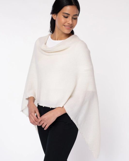 Cashmere Pearl Trim Poncho White - Jackie Z Style Co