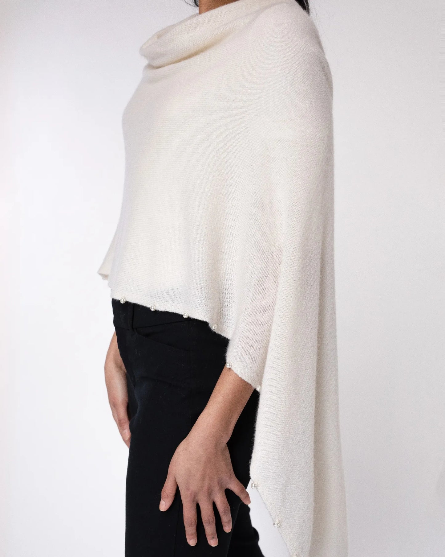 Cashmere Pearl Trim Poncho White - Jackie Z Style Co