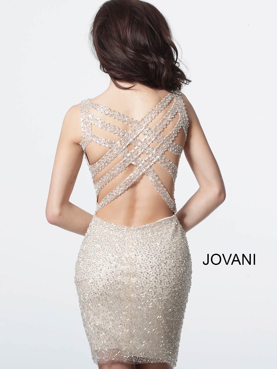 Jovani - Beaded V-Neck Cocktail Dress