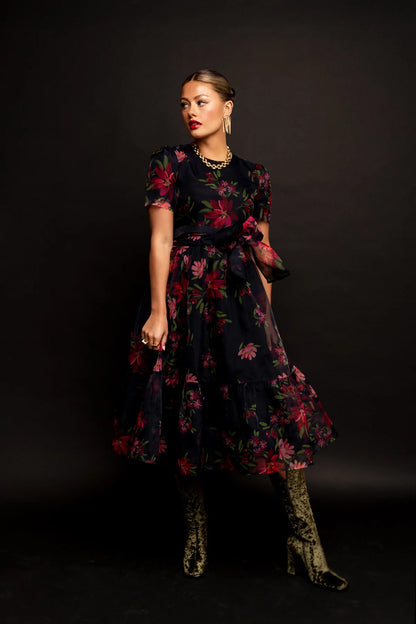 Short Sleeve Organza Flared Dress Ruby Blooms - Rachel Parcell