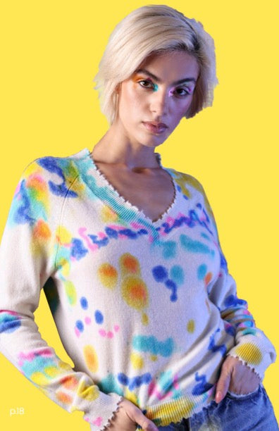Minnie Rose Cash Frayed Printed Tie Dye V Neck Sweater Multi Color