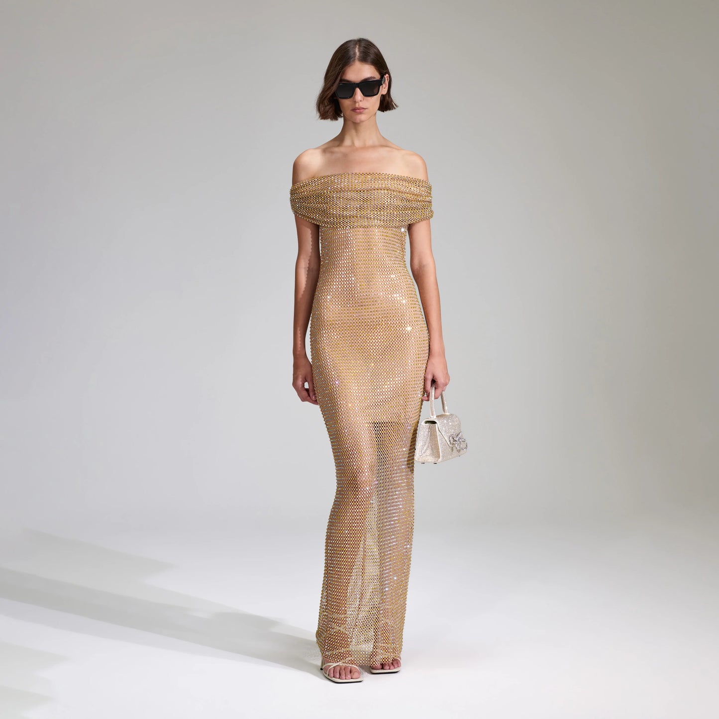 Self-Portrait - Tan Rhinestone Off Shoulder Fishnet Maxi Dress Self-Portrait - Tan Rhinestone Off Shoulder Fishnet Maxi Dress