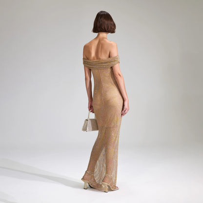 Rhinestone Off Shoulder Fishnet Maxi Dress Nude - Self-Portrait