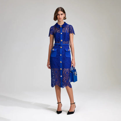 Self-Portrait - Rose Lace Button Midi Dress Cobalt Self-Portrait - Rose Lace Button Midi Dress Cobalt