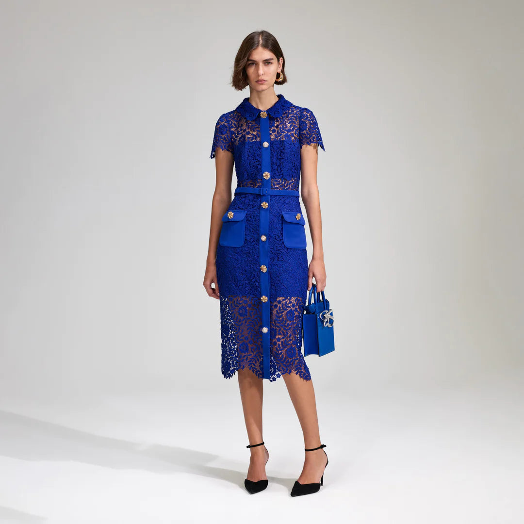 Rose Lace Button Midi Dress Cobalt - Self-Portrait