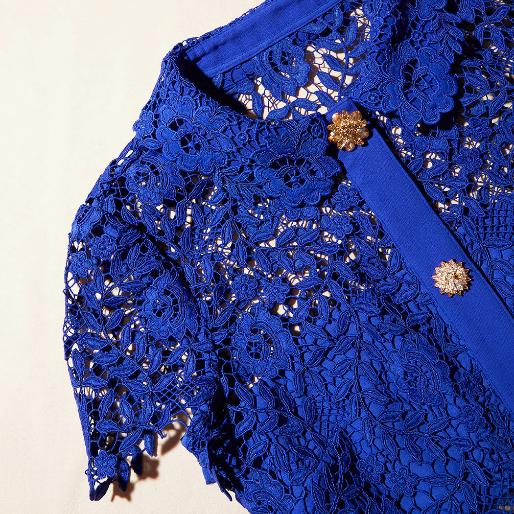 Rose Lace Button Midi Dress Cobalt - Self-Portrait Rose Lace Button Midi Dress Cobalt - Self-Portrait