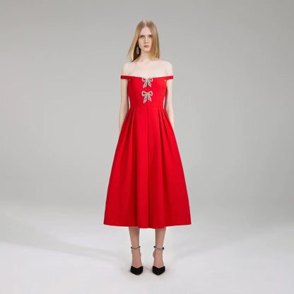 self portrait red off shoulder dress Pleated off-shoulder chiffon gown in red - Self Portrait