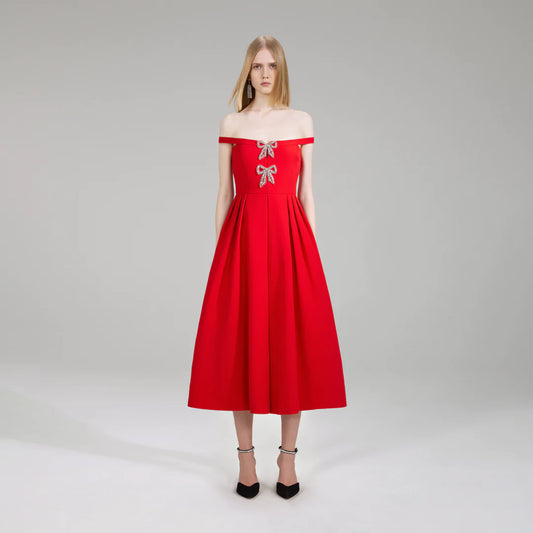 Crepe Bow Midi Dress Red - Self-Portrait