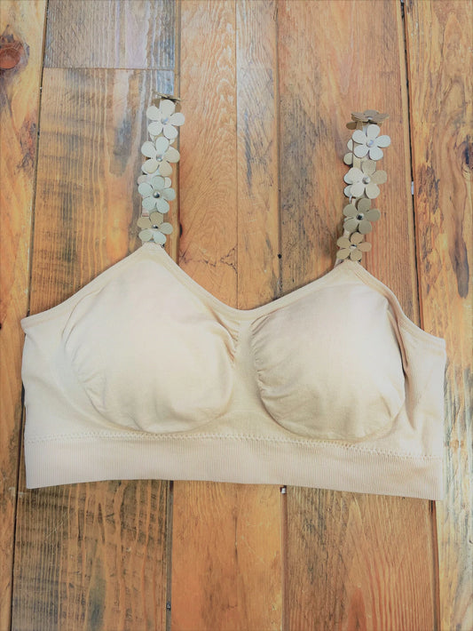 Nude Bra With Gold Vegan Flowers - Strap-Its