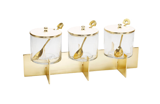 Three Glass Canister Set White Lids Gold Block Base - Jackie Z Style Co.