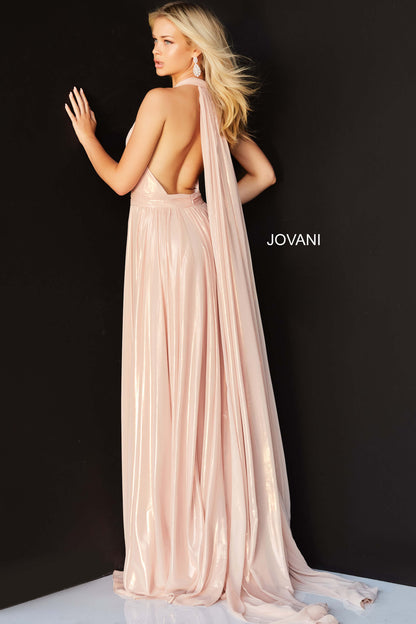 Jovani - Plunging Halter Cascading Panel Gown Blush Back