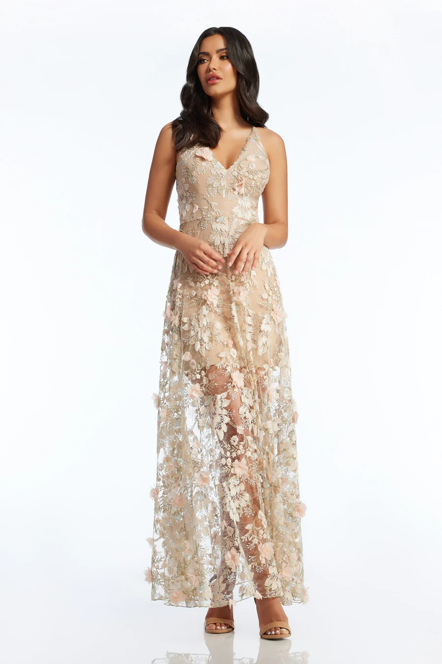 Dress The Population - Sidney Fitted Bodice V-Neckline Gown Pink Floral Dress The Population - Sidney Fitted Bodice V-Neckline Gown Pink Floral