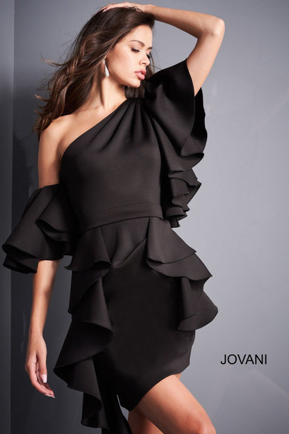 Jovani - Ruffle Sleeve Cocktail Dress Black