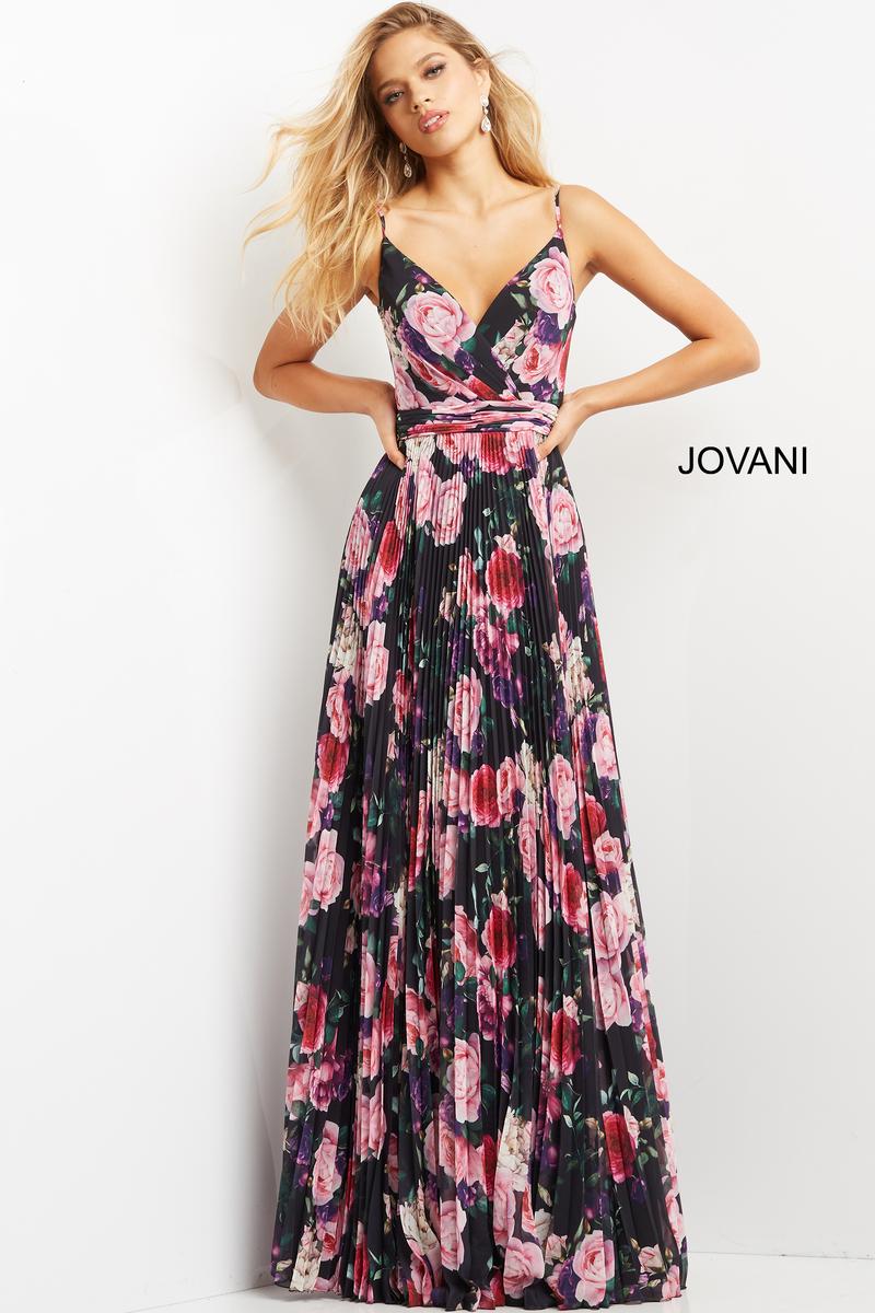 Jovani - V Neck Pleated Evening Dress Printed Floral