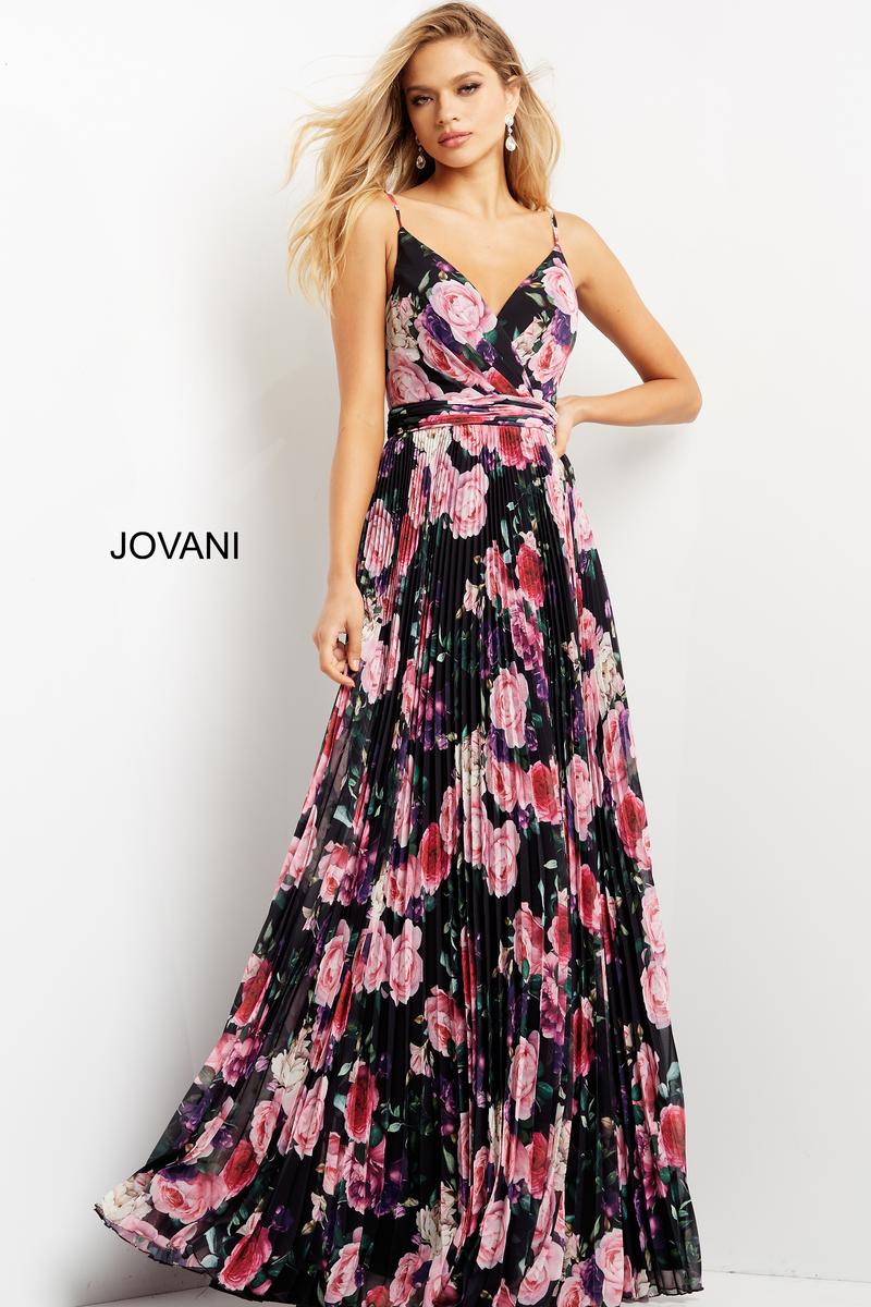 Jovani - V Neck Pleated Evening Dress Printed Floral