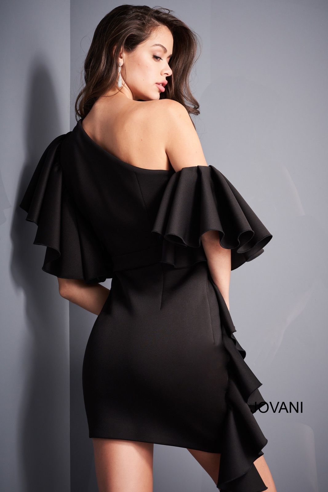 Jovani - Ruffle Sleeve Cocktail Dress Black