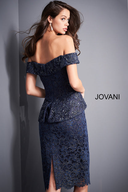 Jovani - Off The Shoulder Knee Length Lace Evening Gown Navy