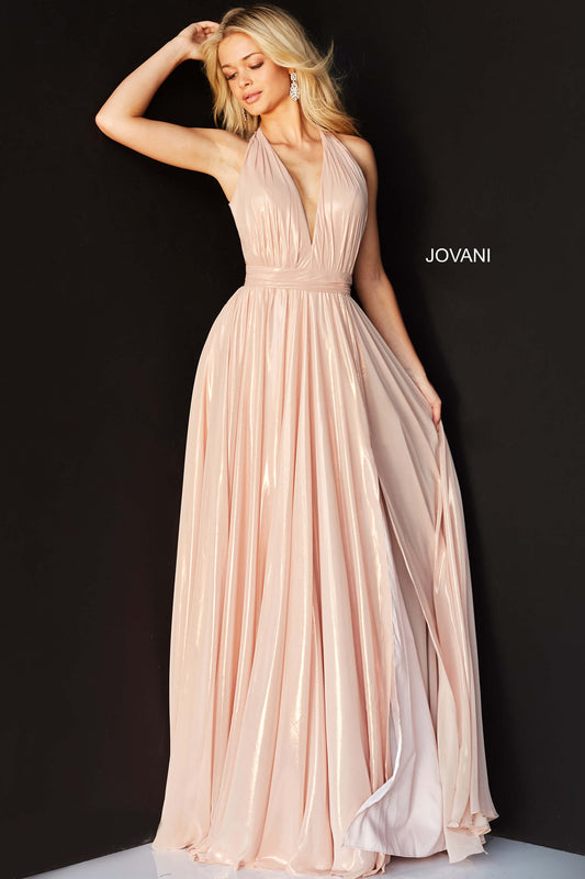 Jovani - Plunging Halter Cascading Panel Gown Blush