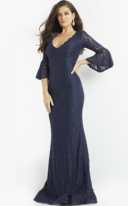 Jovani - Lace Bell Sleeve Evening Gown Navy