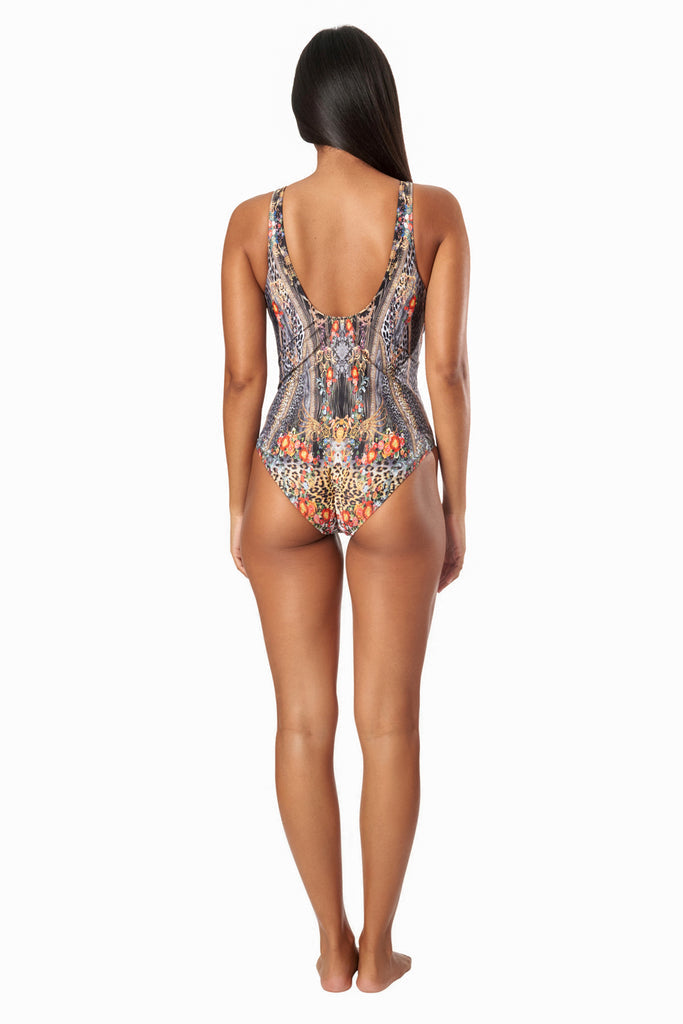 La Moda Clothing - Eclectic Jungle Printed Embellished One Piece Swimsuit