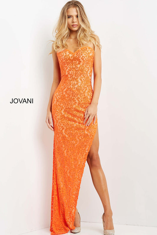 Jovani - Strapless Embellished Long Evening Gown Orange