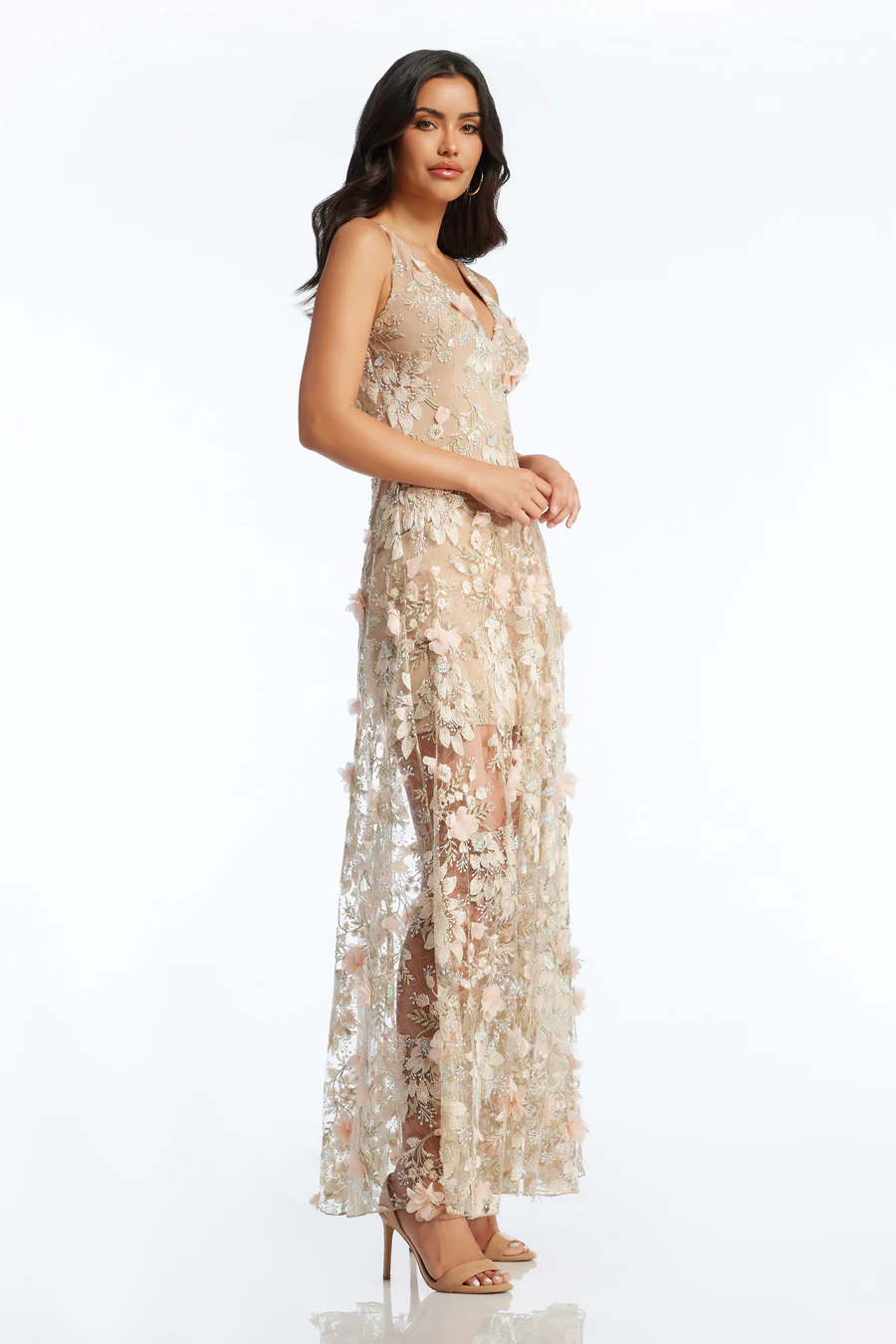 Dress The Population - Sidney Fitted Bodice V-Neckline Gown Pink Floral Dress The Population - Sidney Fitted Bodice V-Neckline Gown Pink Floral