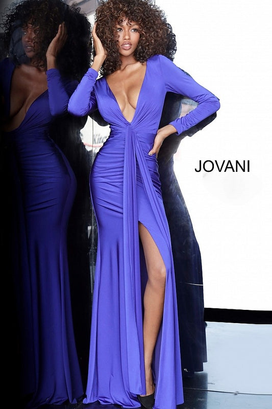 Jovani Long-Sleeve Ruched Evening Gown