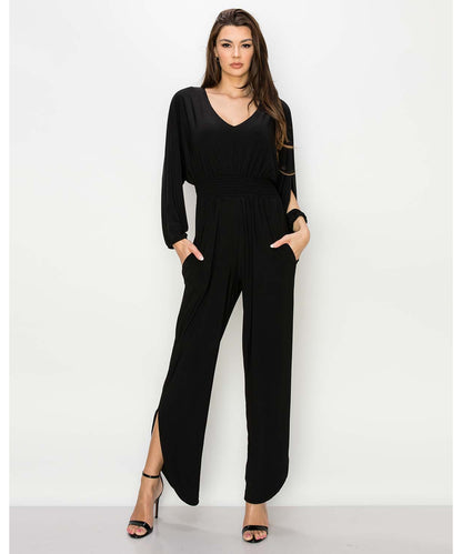 V-Neck Batwing Jumpsuit With Waistband - Last Tango