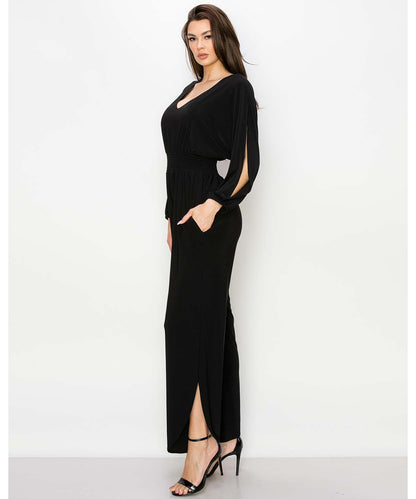 V-Neck Batwing Jumpsuit With Waistband - Last Tango